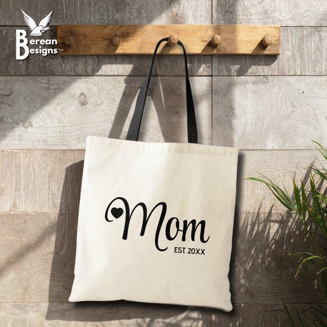 Mom Established Simple Script Mothers Gift Tote Bag (MOM ESTABLISHED Script Budget Tote Bag with customizable text. Ideal Mother's Day gift for her.)
