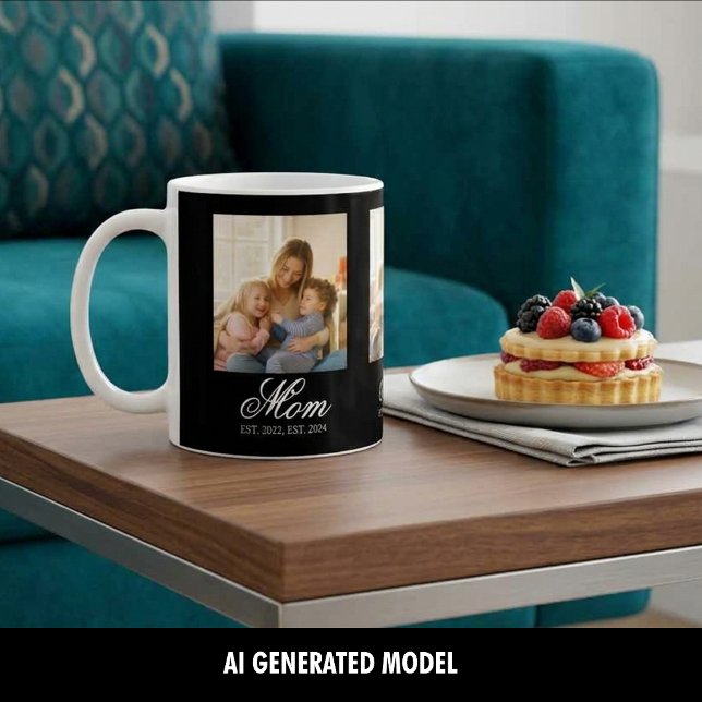 Mom Established Three Photo Cherished Memories Coffee Mug (Mom Established Black Elegant Script 3 Photo Coffee Mug)