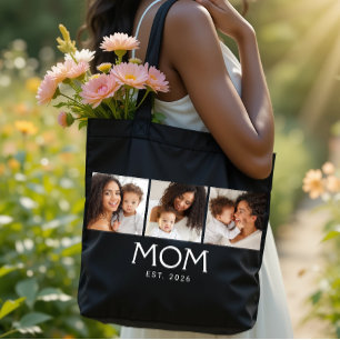 Mom Established Typography Black 3 Photo Tote Bag