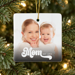 Mom Established Typography Custom Photo Ceramic Ornament
