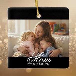 Mom Established White Elegant Script Photo Ceramic Ornament