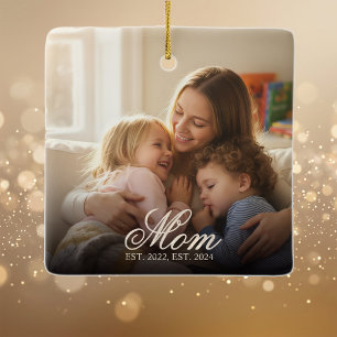 Mom Established White Elegant Script Photo Ceramic Ornament