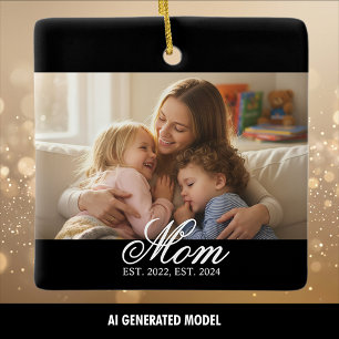 Mom Established White Elegant Script Photo Ceramic Ornament