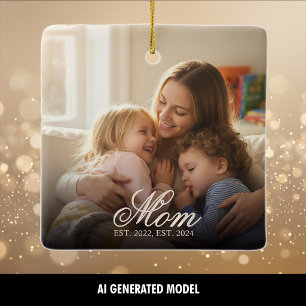 Mom Established White Elegant Script Photo Ceramic Ornament