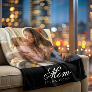 Mom Established White Elegant Script Photo Fleece Blanket