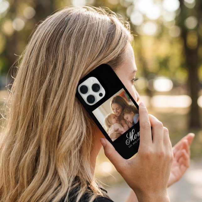 Mom Established White Elegant Script Photo iPhone Case (Mom Established White Elegant Script Photo iPhone Case)