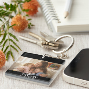 Mom Established White Elegant Script Photo Keychain