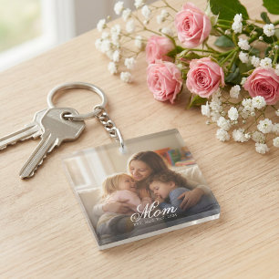 Mom Established White Elegant Script Photo Keychain