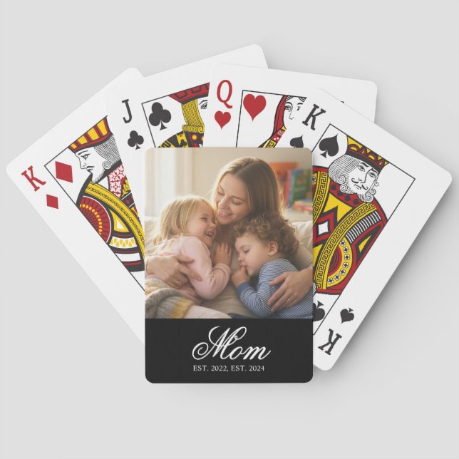 Mom Established White Elegant Script Photo Playing Cards (Back)