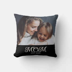 Mom Established White Modern Script Photo Throw Pillow