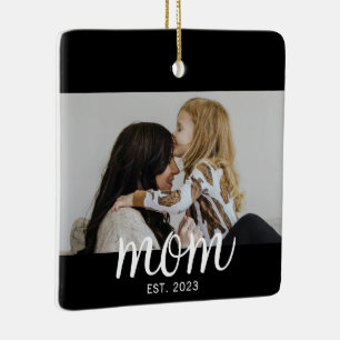 Mom Established White Script Photo Ceramic Ornament