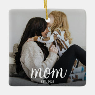 Mom Established White Script Photo Ceramic Ornament