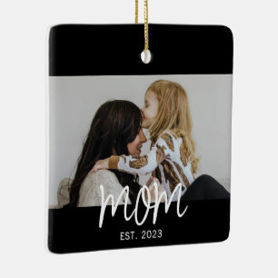 Mom Established White Script Photo Ceramic Ornament