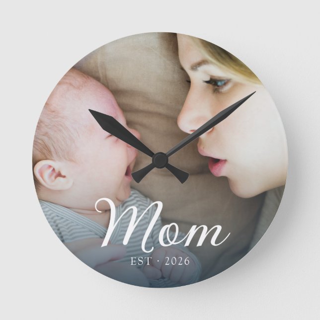 Mom Established White Script Photo Round Clock (Front)