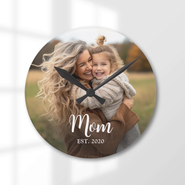 Mom Established White Script Photo Round Clock (Mom established script text with photo personalized wall clock gift)