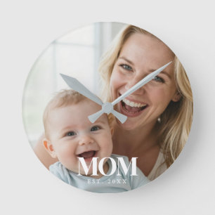 MOM Established White Typography Photo Gift Round Clock