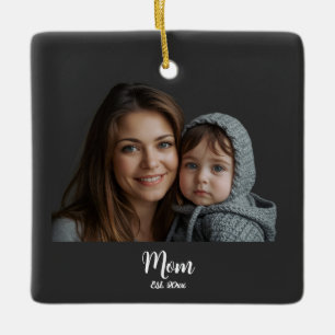 Mom Established Year Black Modern Script Ceramic Ornament