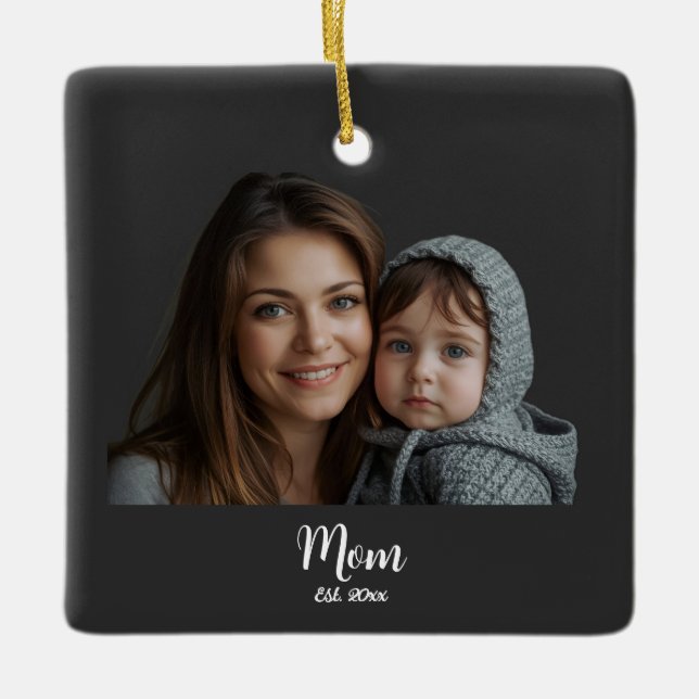 Mom Established Year Black Modern Script  Ceramic Ornament (Front)