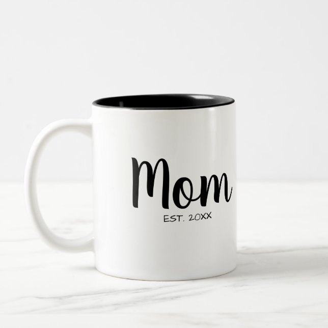 Mom Established Year Chic Script Design Two-Tone Coffee Mug (Left)