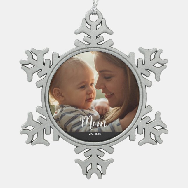Mom Established Year Script Photo Snowflake Pewter Christmas Ornament (Front)