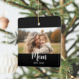 Mom Established Year Script Text Black Photo Ceramic Ornament