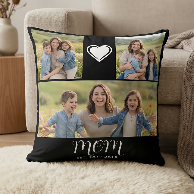 Mom EstablishedScript Black 3 Photo Throw Pillow (Creator Uploaded)