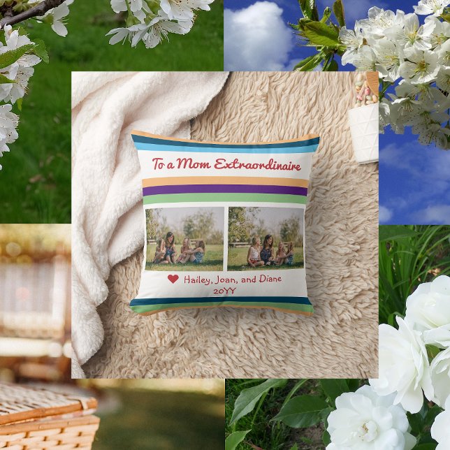 Mom Extraordinaire 2 Photos Names Script Modern Throw Pillow (Modern, minimalist photo pillow for a Mom Extraordinaire)