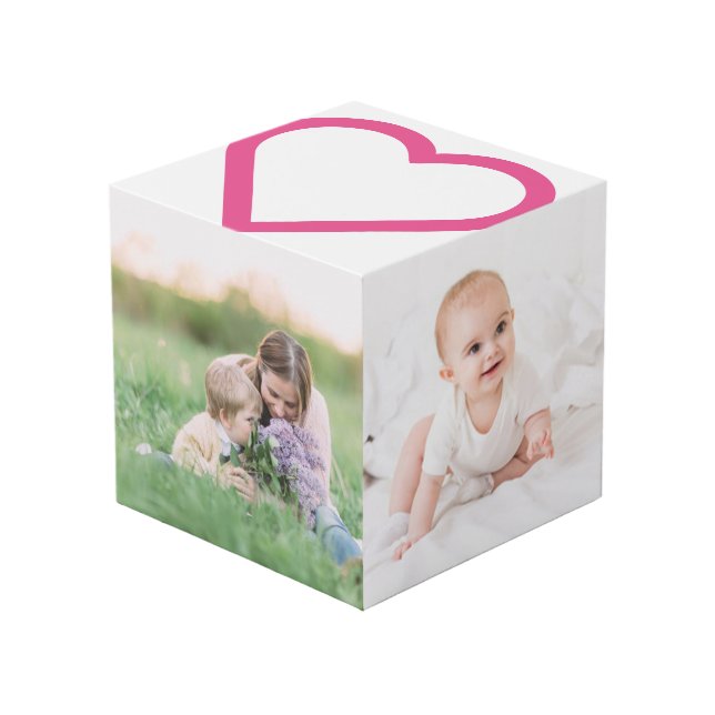 Mom Family Photo Collage Pink Heart Modern Cube (Front Angled)