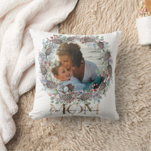 Mom Faux Gold Typography Botanical Christmas Throw Pillow