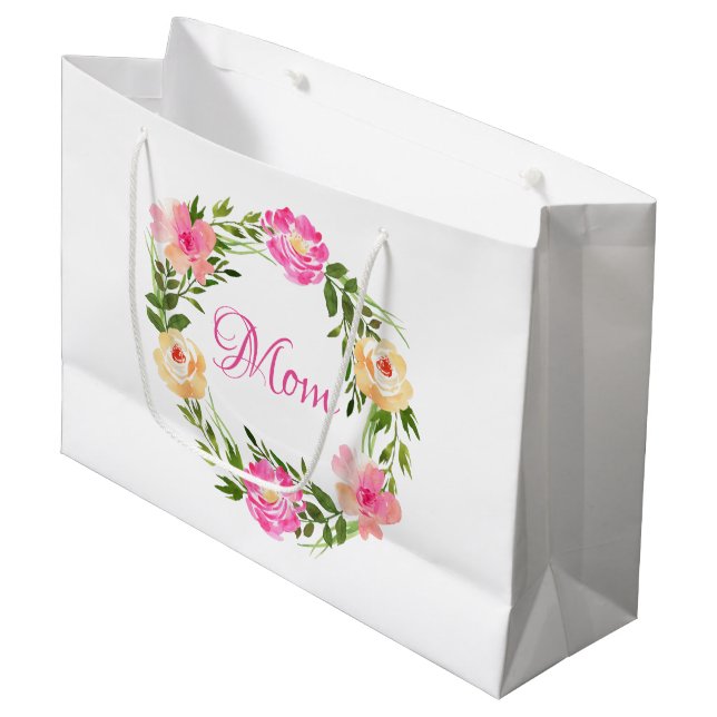 Mom Feminine Floral Personalized Watercolor Large Gift Bag (Front Angled)