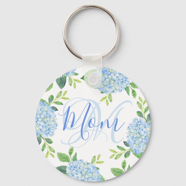 Mom Floral Blue Hydrangea Watercolor Modern Keychain (Front)