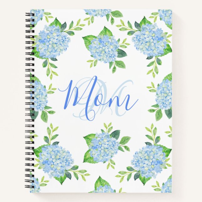 Mom Floral Blue Hydrangea Watercolor Modern Notebook (Front)