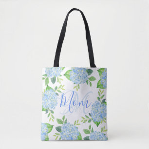 Mom Floral Blue Hydrangea Watercolor Modern Tote Bag