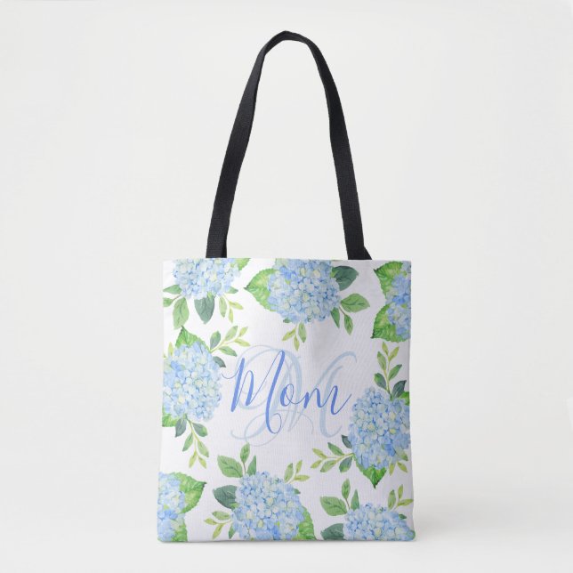 Mom Floral Blue Hydrangea Watercolor Modern Tote Bag (Front)
