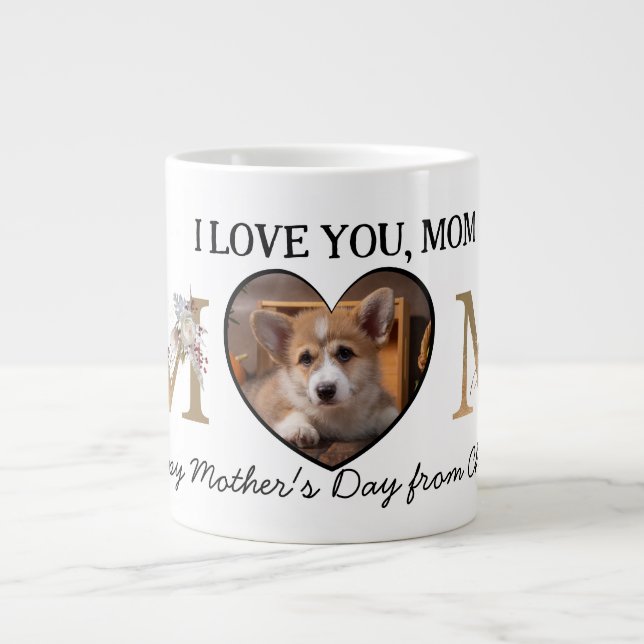 Mom floral heart custom photo from the dog large coffee mug (Front)