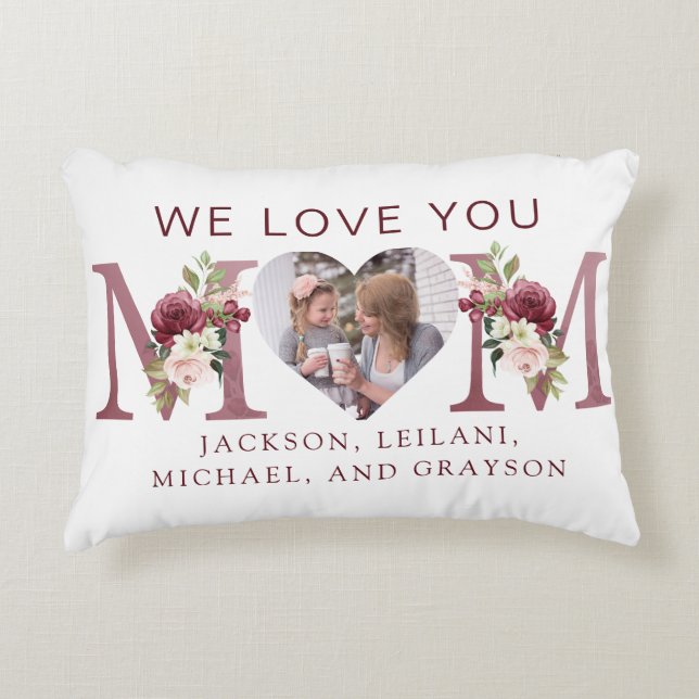 Mom Floral Heart Photo Botanical Accent Pillow (Front)