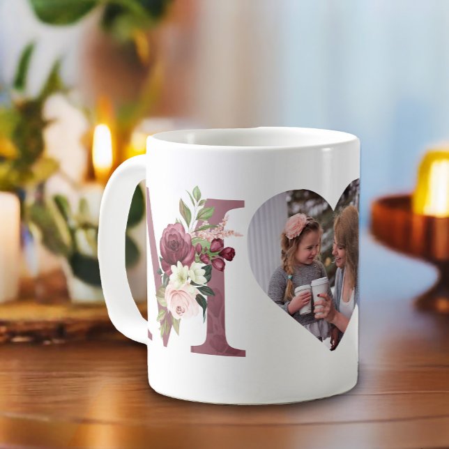 Mom Floral Heart Photo Botanical Coffee Mug (Give your mom a beautiful design with the word mug with watercolor floral on the M's)
