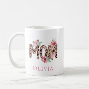 Mom Floral Leopard Print Personalized Name Coffee Mug