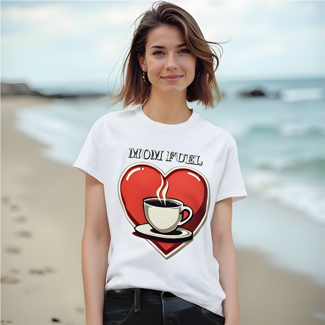 Mom Fuel – Retro Style Heart and Coffee T-Shirt (Mom Fuel Retro Coff Cup and Red Heart T-Shirt to celebrate motherhood.)