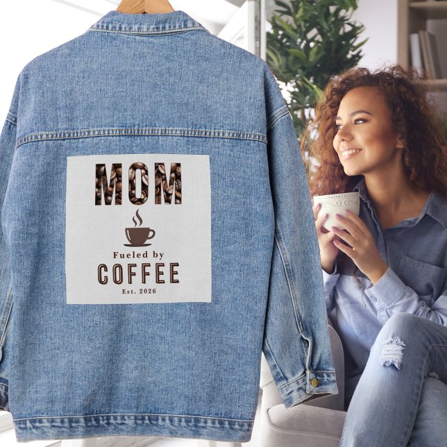 Mom Fuelled by Coffee Funny Humour Denim Jacket (A cool denim jacket with "Mom fueled by coffee' in  coffee beans lettering, coffee cup and est. year)