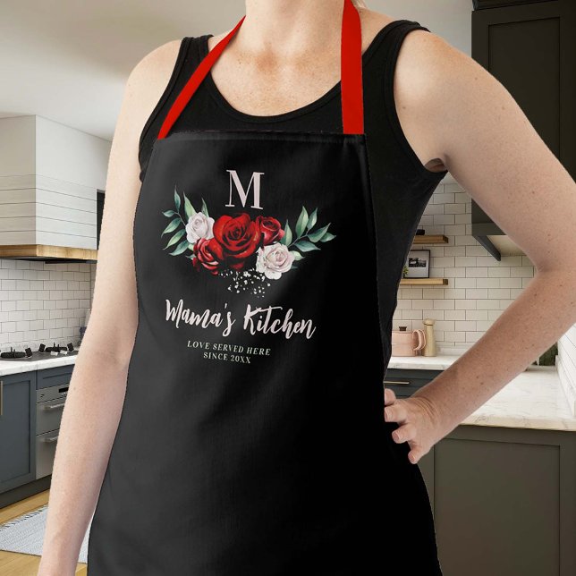 Mom Gift Black Red Roses Wreath Elegant Monogram Apron (mom apron personalized christmas gift monogram black red white green roses flowers elegant pretty)