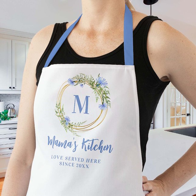 Mom Gift Blue Cornflowers Gold Wreath Monogram Apron (personalized mom apron blue cornflowers wreath gold geometric custom monogram christmas gift cute)
