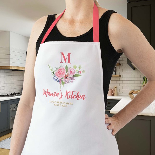 Mom Gift Pink Blush Whimsical Flowers Monogram Apron (mom apron personalized monogram christmas gift whimsical flowers pink blush green cute pretty design)