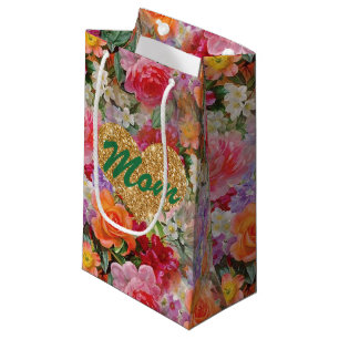 Mom Gold FauxGlitter Heart Colourful Spring Flower Small Gift Bag