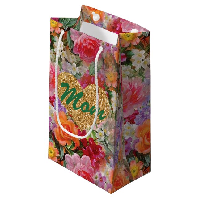 Mom Gold FauxGlitter Heart Colourful Spring Flower Small Gift Bag (Front Angled)