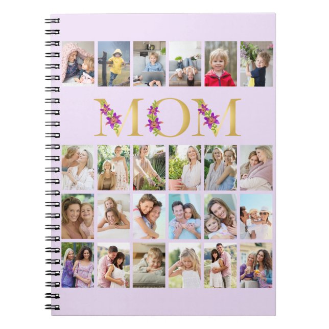 Mom Gold Floral Letters 24 Vertical Photo Collage  Notebook (Front)