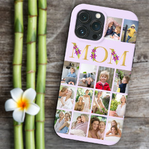 Mom Gold Flower Letters 14 Vertical Photo Collage iPhone 15 Case