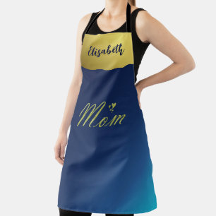 mom golden text in blue christmas apron