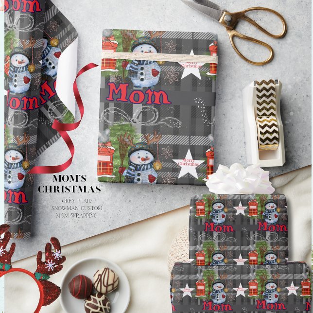 "Mom" Gray Plaid Snowman Christmas Wrapping Paper (Mom Gray Plaid Snowman Christmas Wrapping Paper (2))
