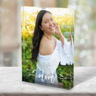 Mom Handwritten Calligraphy Hearts Custom Keepsake Photo Block